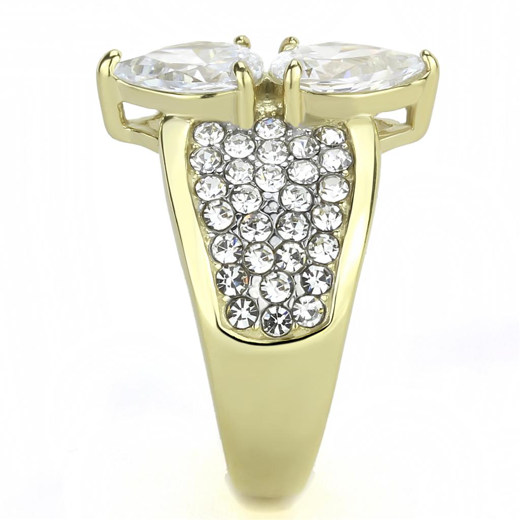 TK3442 Two-Tone IP Gold Stainless Steel Ring featuring a clear AAA grade CZ stone, showcasing a luxurious design.