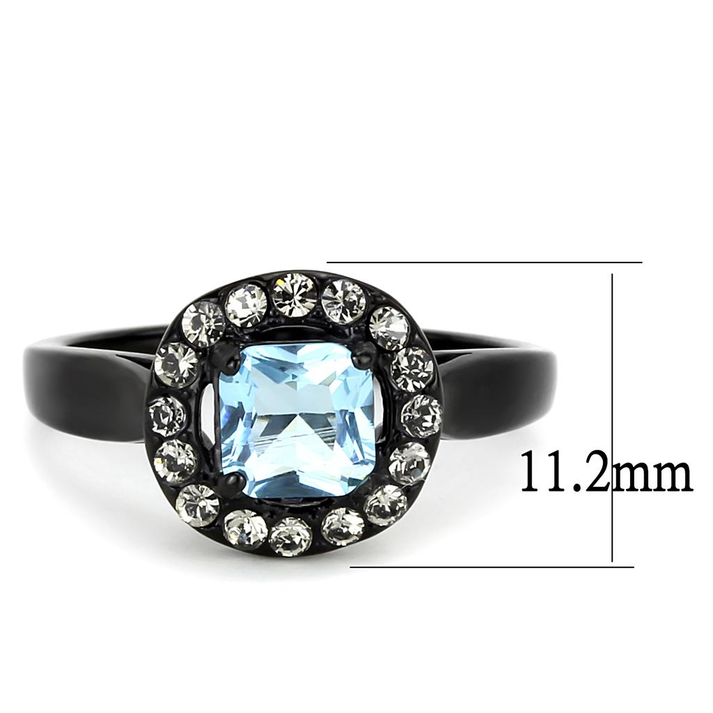 TK3443 IP Black Stainless Steel Ring featuring a sea blue synthetic glass stone, showcasing a modern and elegant design.