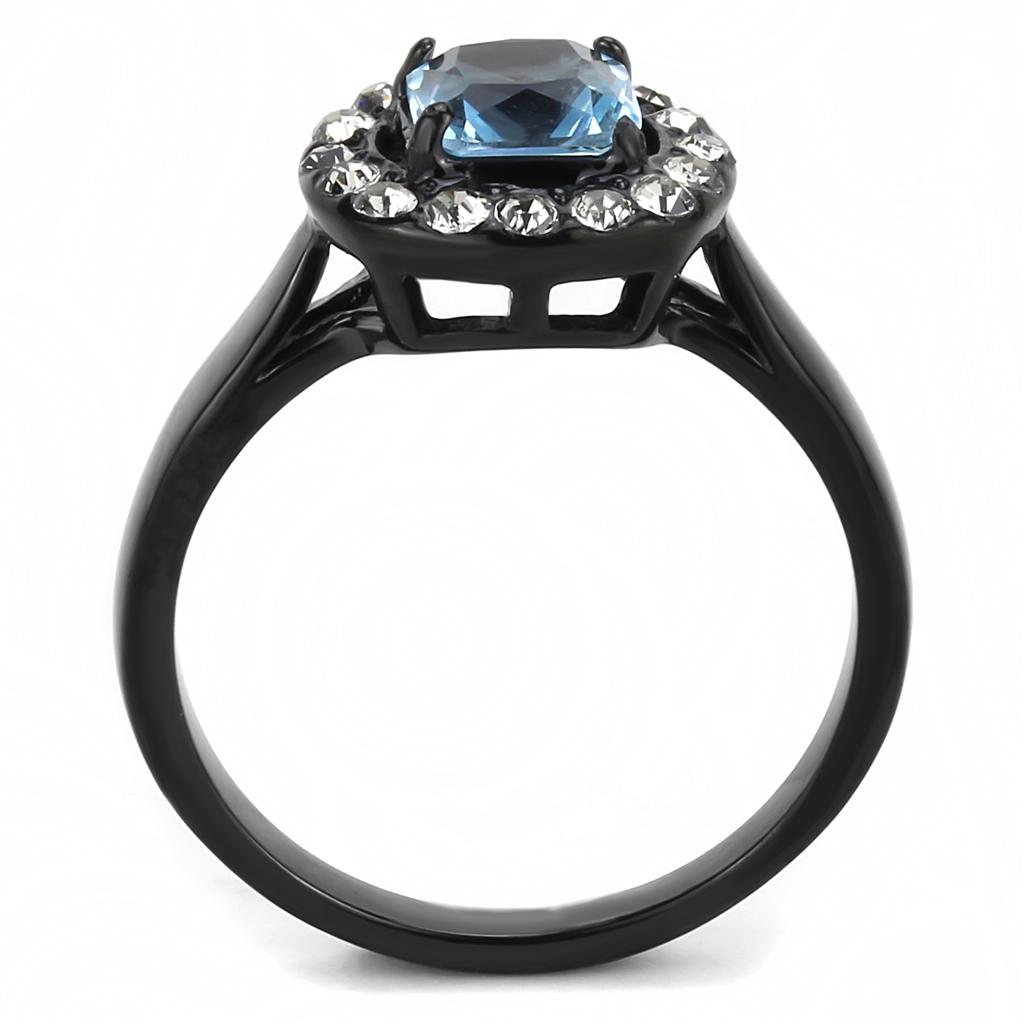TK3443 IP Black Stainless Steel Ring featuring a sea blue synthetic glass stone, showcasing a modern and elegant design.