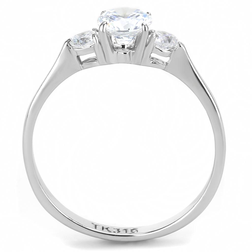 TK3431 High Polished Stainless Steel Ring featuring a clear AAA Grade CZ stone, showcasing its elegant design and shiny finish.