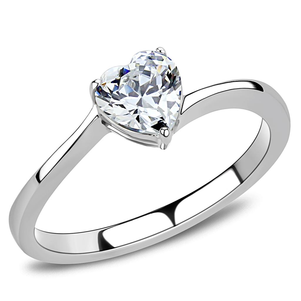 TK3434 High Polished Stainless Steel Ring featuring a clear AAA Grade CZ stone, showcasing a sleek and shiny design.
