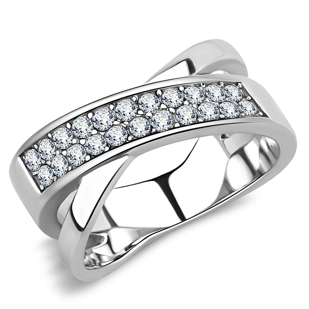 TK3436 High Polished Stainless Steel Ring featuring a clear top grade crystal, showcasing its elegant design and shiny finish.
