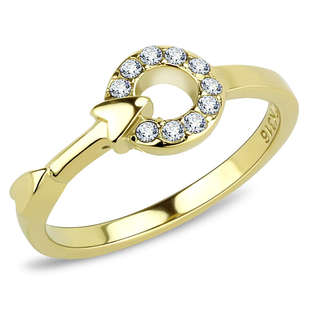 TK3439 IP Gold Stainless Steel Ring featuring a clear top-grade crystal centerpiece, elegantly designed for durability and style.