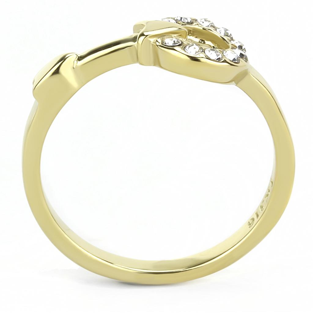 TK3439 IP Gold Stainless Steel Ring featuring a clear top-grade crystal centerpiece, elegantly designed for durability and style.