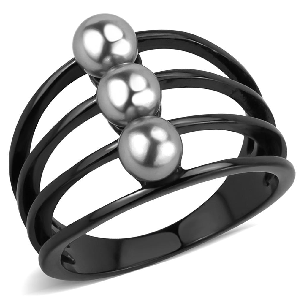 TK3454 IP Black Stainless Steel Ring featuring a gray synthetic pearl, showcasing a modern design with a sleek finish.