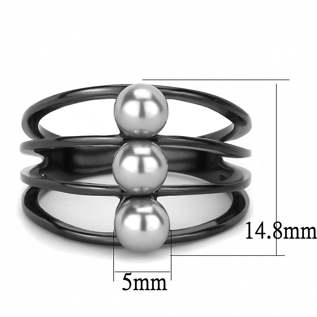 TK3454 IP Black Stainless Steel Ring featuring a gray synthetic pearl, showcasing a modern design with a sleek finish.