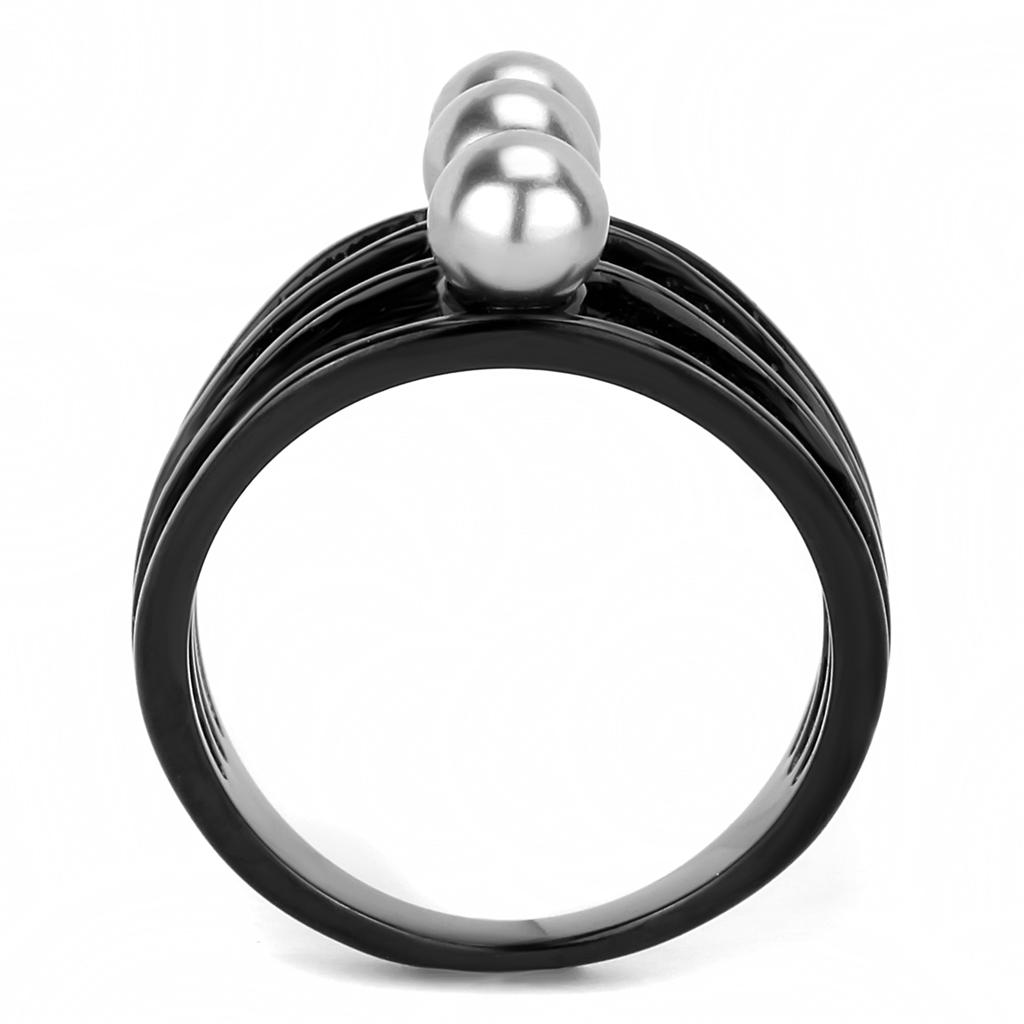 TK3454 IP Black Stainless Steel Ring featuring a gray synthetic pearl, showcasing a modern design with a sleek finish.