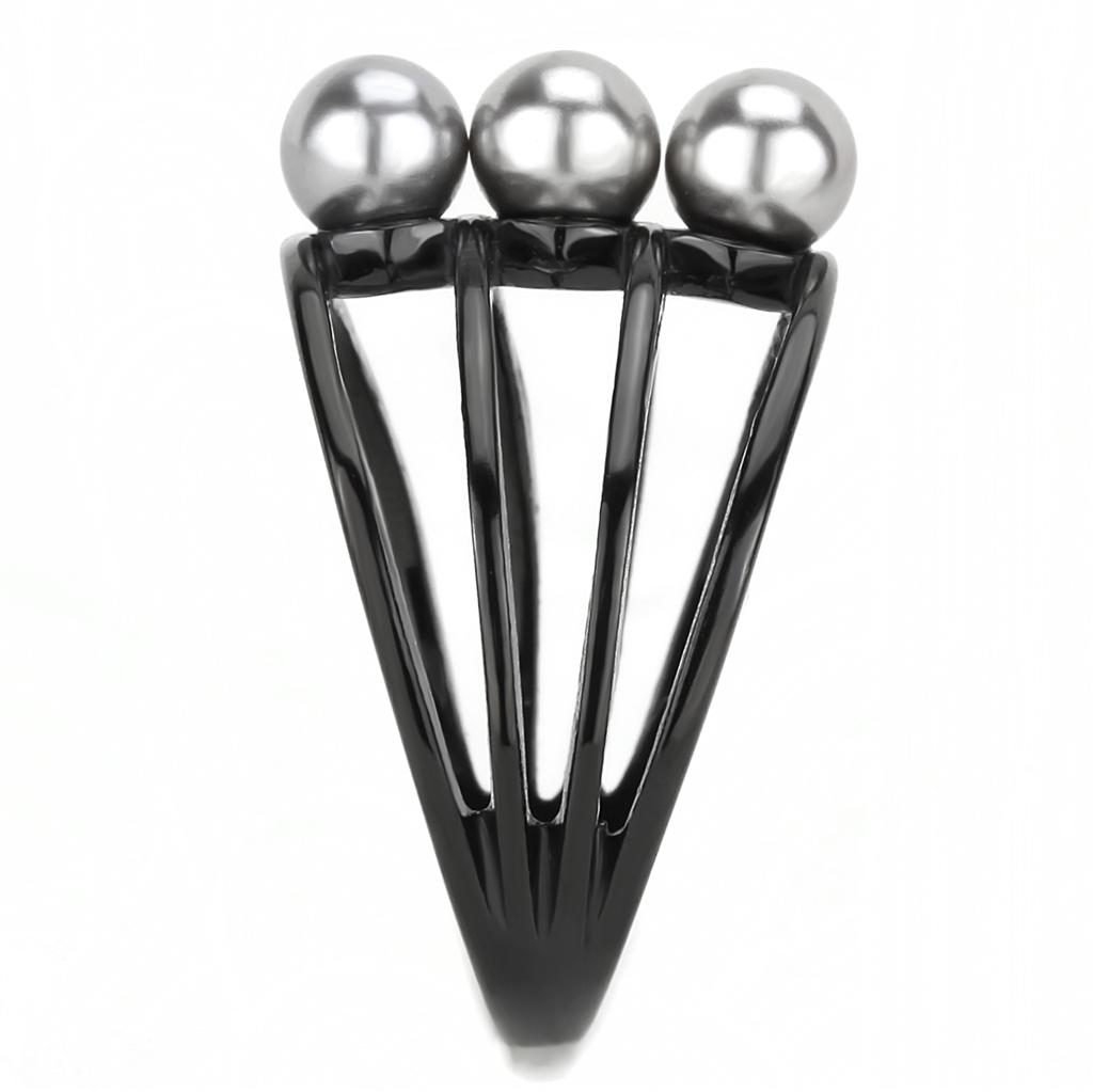TK3454 IP Black Stainless Steel Ring featuring a gray synthetic pearl, showcasing a modern design with a sleek finish.