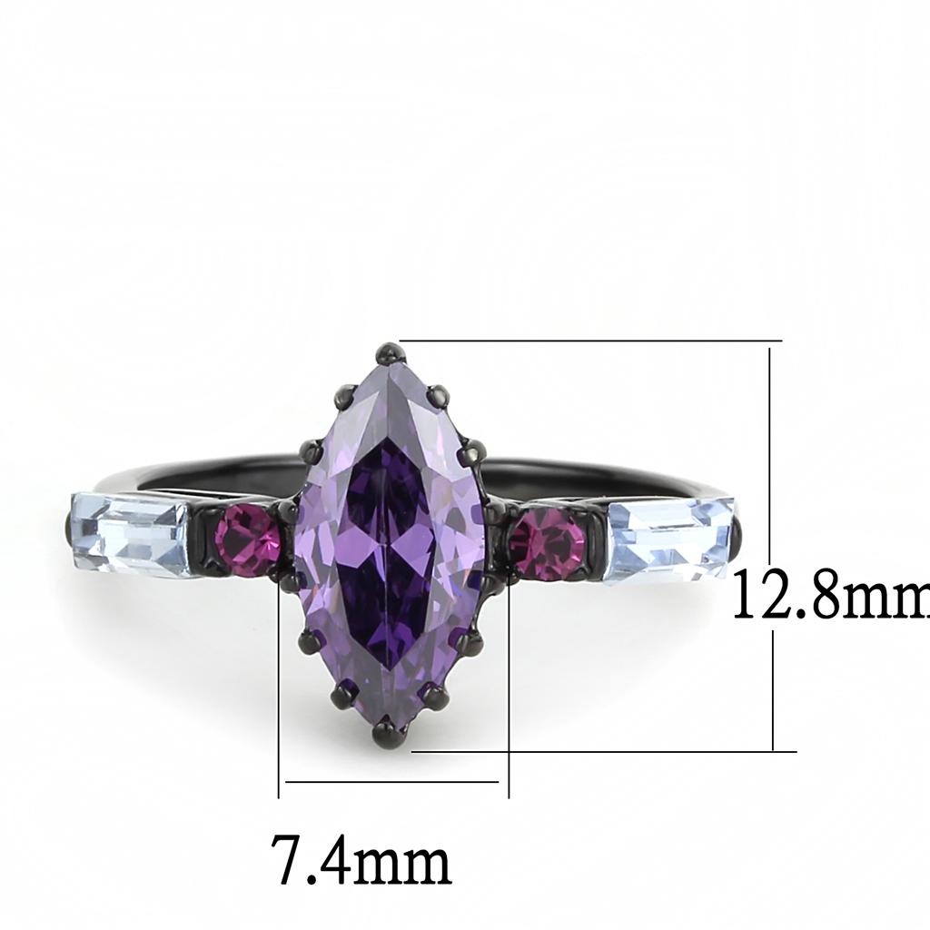 TK3456 IP Black Stainless Steel Ring featuring AAA Grade CZ center stone in amethyst color, showcasing a modern and elegant design.