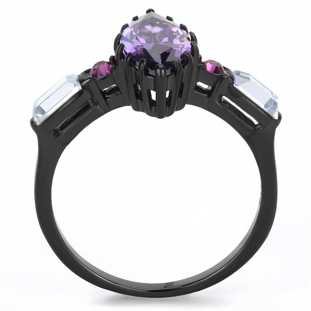 TK3456 IP Black Stainless Steel Ring featuring AAA Grade CZ center stone in amethyst color, showcasing a modern and elegant design.
