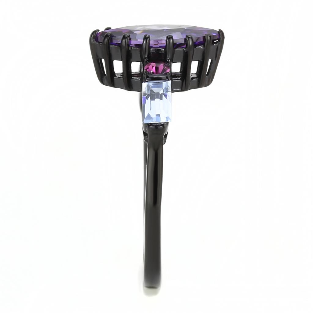 TK3456 IP Black Stainless Steel Ring featuring AAA Grade CZ center stone in amethyst color, showcasing a modern and elegant design.