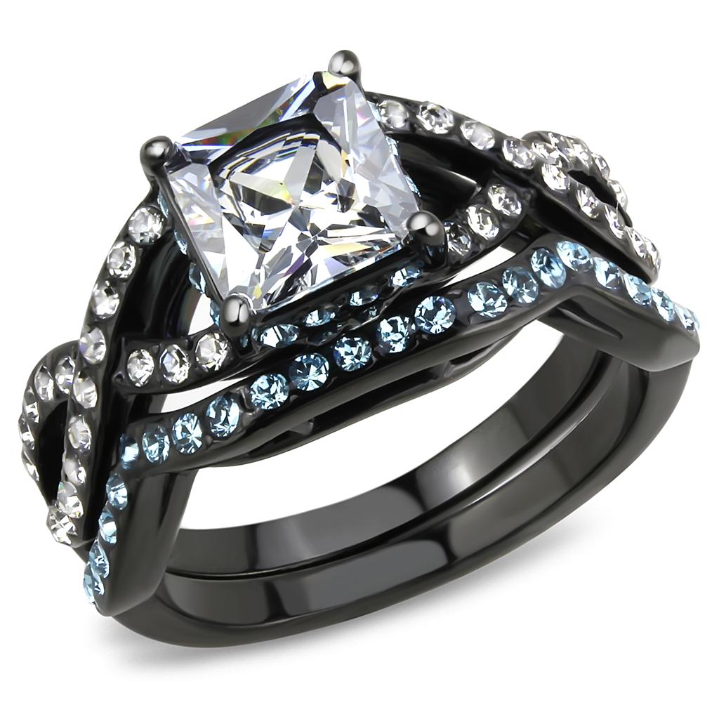 TK3457 IP Black Stainless Steel Ring featuring a clear AAA Grade CZ stone, showcasing its elegant design and modern finish.