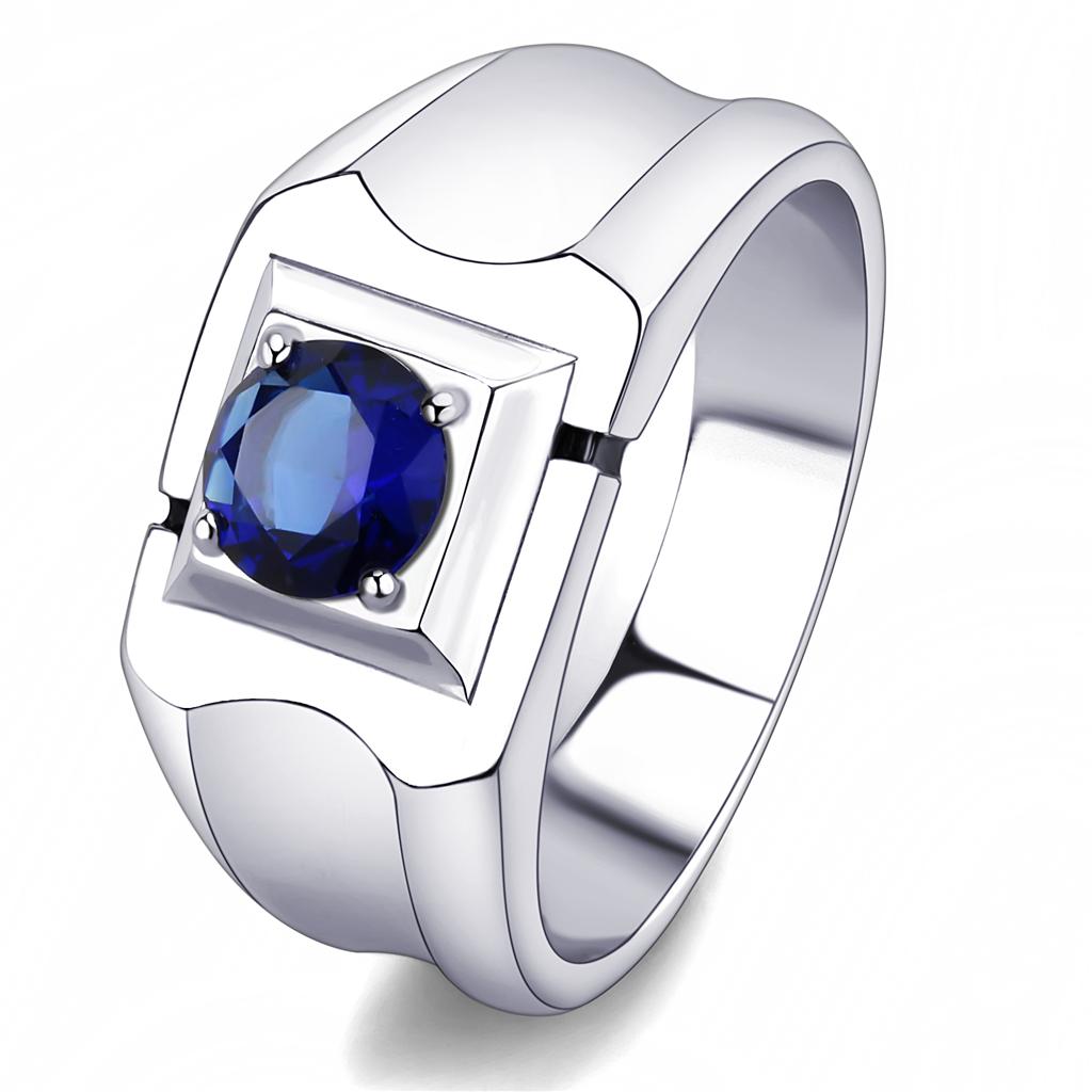 TK3459 High Polished Stainless Steel Ring featuring a synthetic glass center stone in Montana color, showcasing its elegant design and shine.