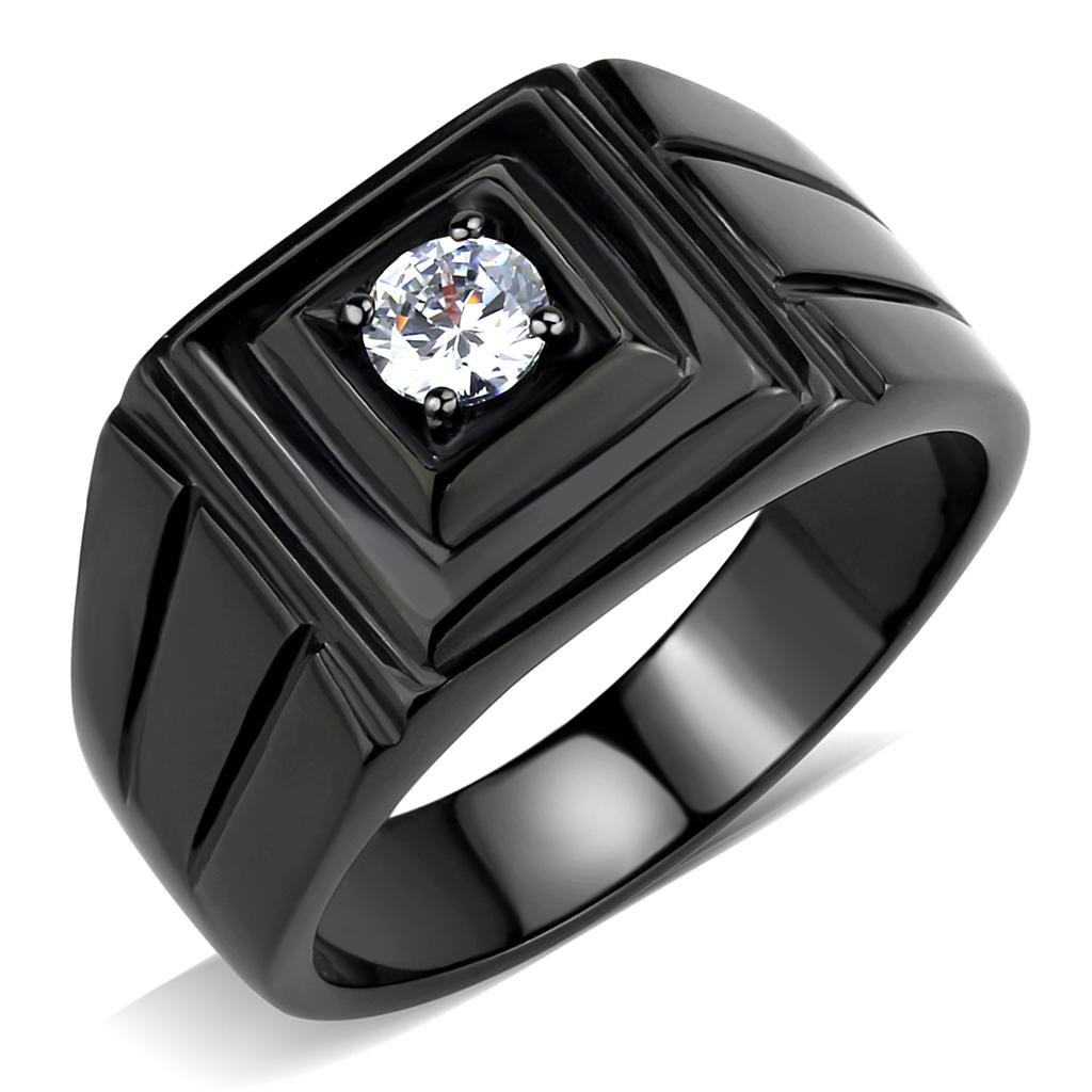 TK3466 IP Black Stainless Steel Ring featuring a clear AAA Grade CZ stone, showcasing a modern and elegant design.