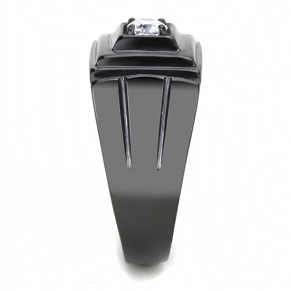 TK3466 IP Black Stainless Steel Ring featuring a clear AAA Grade CZ stone, showcasing a modern and elegant design.