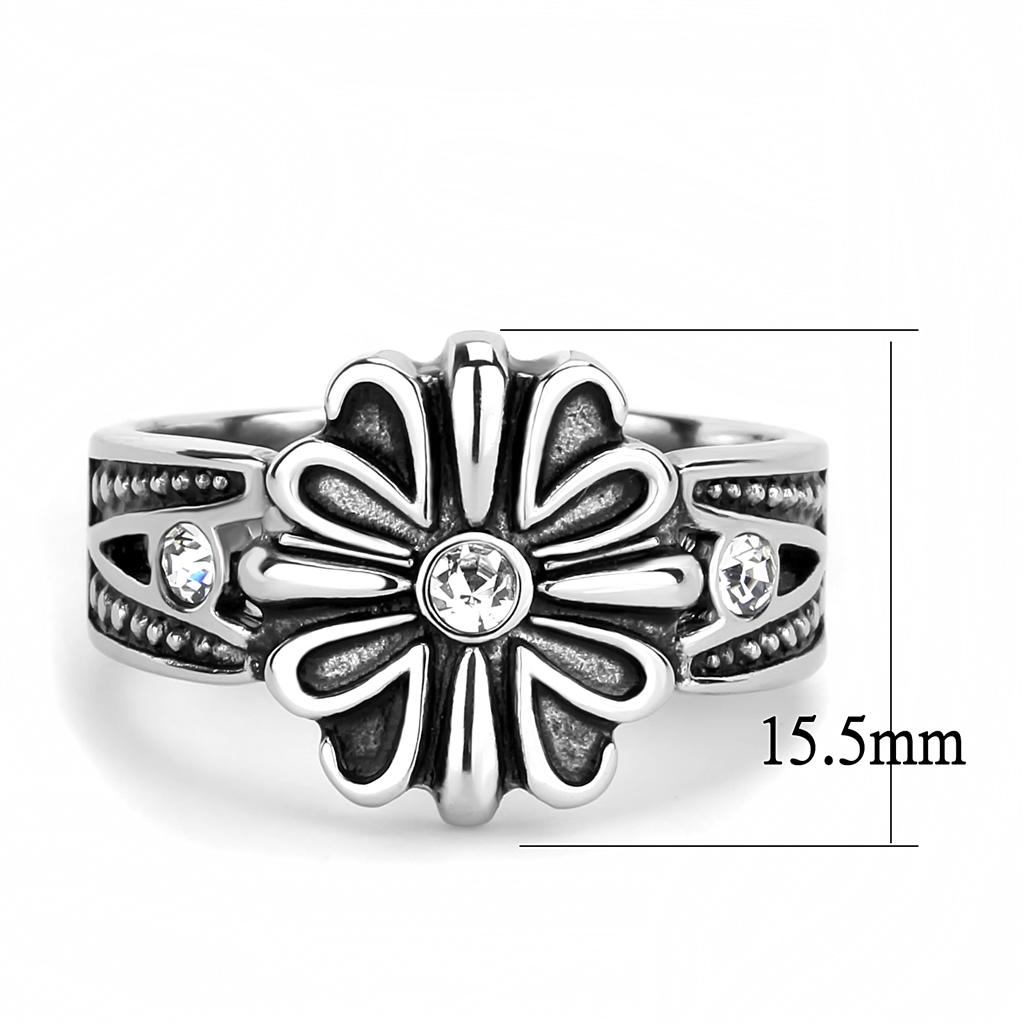 TK3462 High Polished Stainless Steel Ring featuring a clear top-grade crystal centerpiece, showcasing a sleek and modern design.