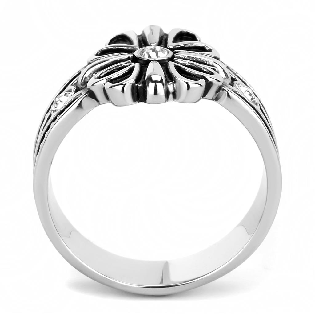 TK3462 High Polished Stainless Steel Ring featuring a clear top-grade crystal centerpiece, showcasing a sleek and modern design.