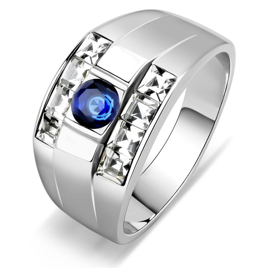 TK3463 High Polished Stainless Steel Ring featuring a synthetic glass center stone in Montana color, showcasing its elegant design and shine.