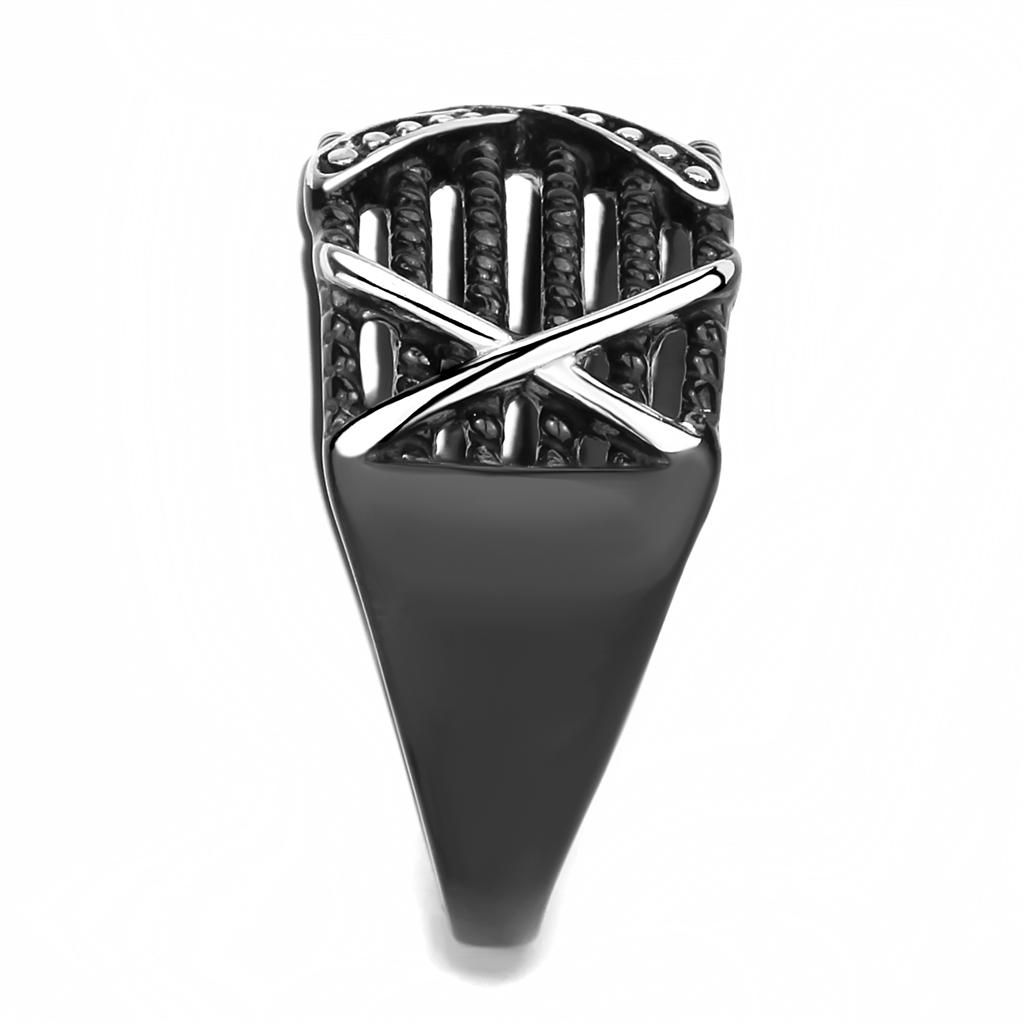 TK3468 IP Black Stainless Steel Ring with a sleek design and no stone, showcasing its modern finish and lightweight structure.