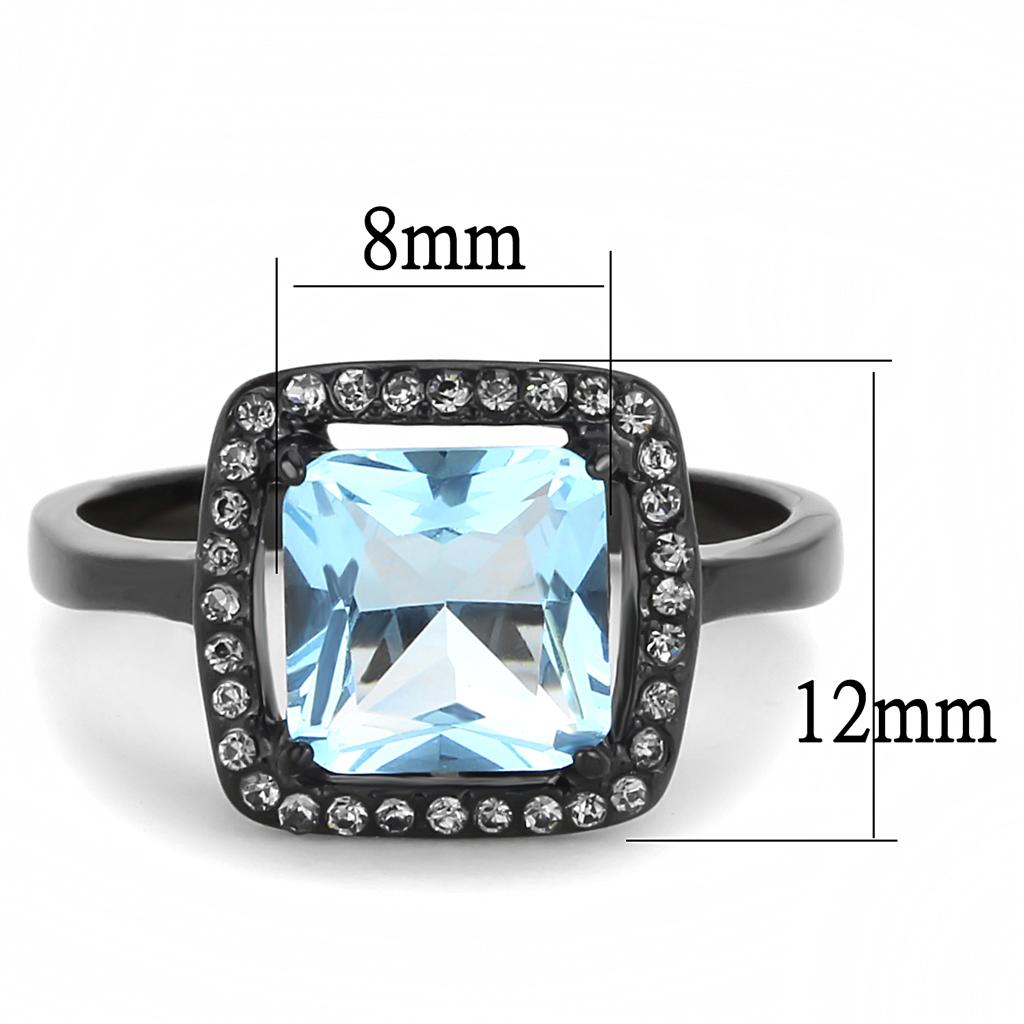 TK3447 IP Black Stainless Steel Ring featuring a sea blue synthetic glass stone, showcasing a modern and stylish design.