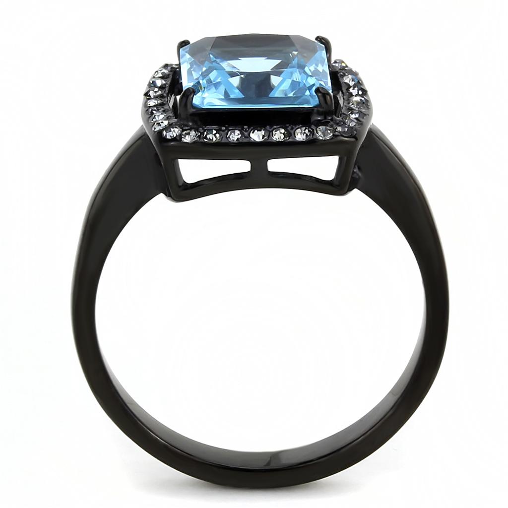 TK3447 IP Black Stainless Steel Ring featuring a sea blue synthetic glass stone, showcasing a modern and stylish design.