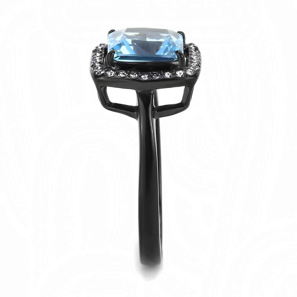 TK3447 IP Black Stainless Steel Ring featuring a sea blue synthetic glass stone, showcasing a modern and stylish design.