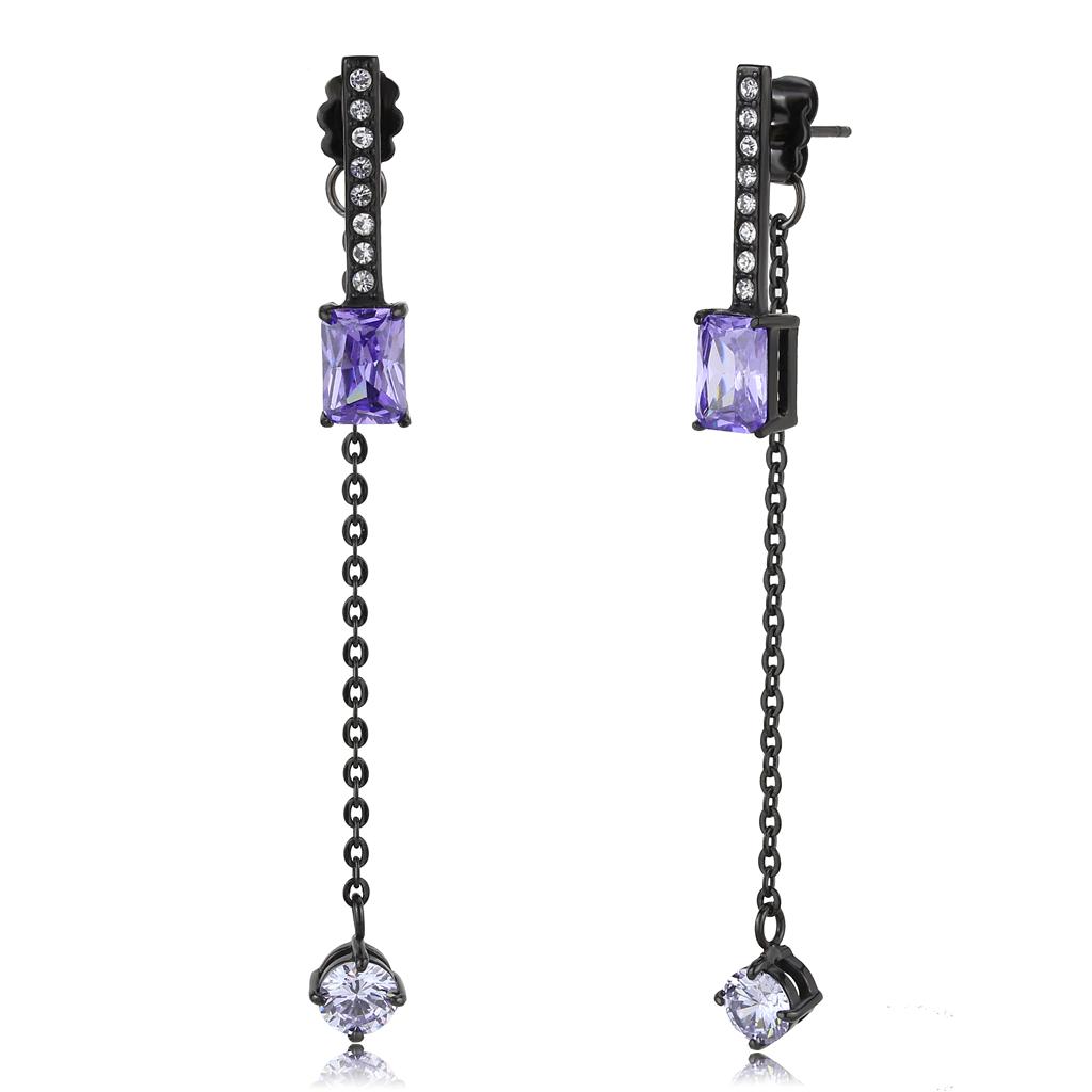 TK3472 IP Black Stainless Steel Earrings featuring AAA Grade CZ stones in tanzanite color, elegantly designed for modern fashion.