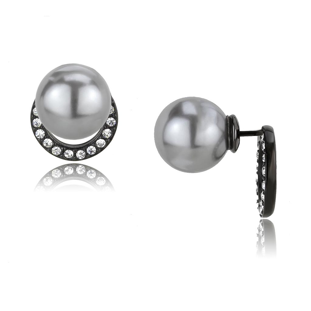 TK3481 IP Black Stainless Steel Earrings featuring a light gray synthetic pearl, showcasing modern elegance and durability.