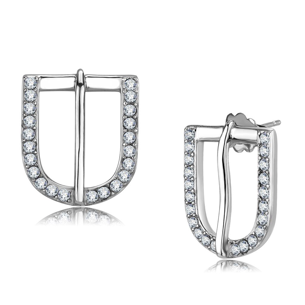 High polished stainless steel earrings featuring a clear top grade crystal, elegantly designed for versatile wear.