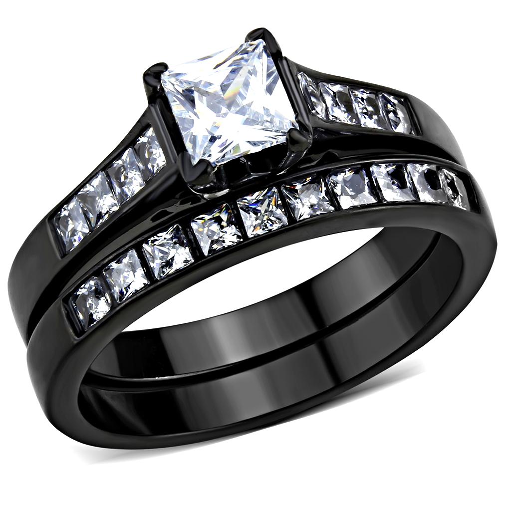 TK3555 IP Black Stainless Steel Ring featuring AAA Grade CZ, showcasing its sleek design and clear center stone.
