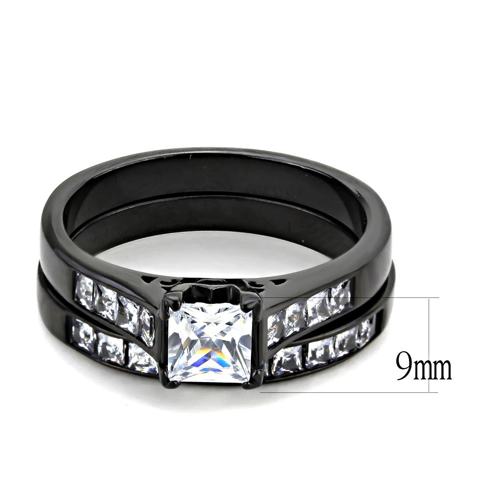 TK3555 IP Black Stainless Steel Ring featuring AAA Grade CZ, showcasing its sleek design and clear center stone.