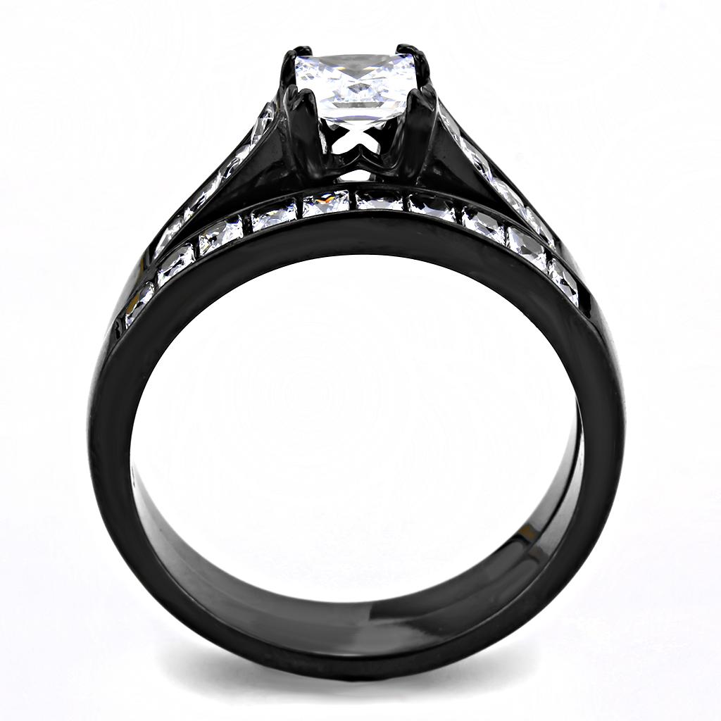 TK3555 IP Black Stainless Steel Ring featuring AAA Grade CZ, showcasing its sleek design and clear center stone.
