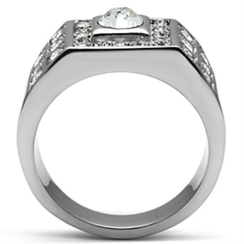 TK350 High Polished Stainless Steel Ring featuring a clear top-grade crystal center stone, showcasing a sleek and elegant design.