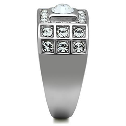 TK350 High Polished Stainless Steel Ring featuring a clear top-grade crystal center stone, showcasing a sleek and elegant design.