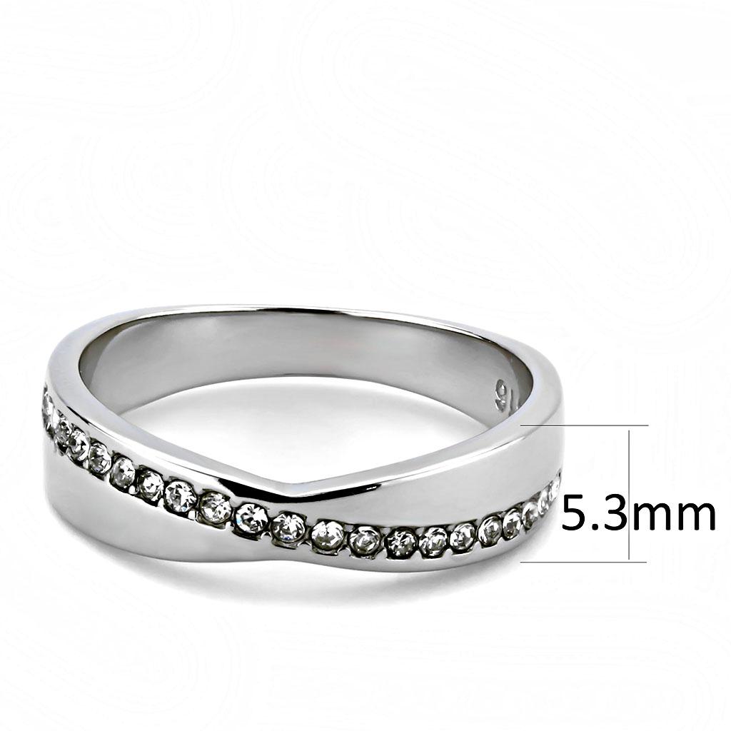 TK3501 High Polished Stainless Steel Ring featuring a clear top grade crystal centerpiece, showcasing a shiny and elegant design.