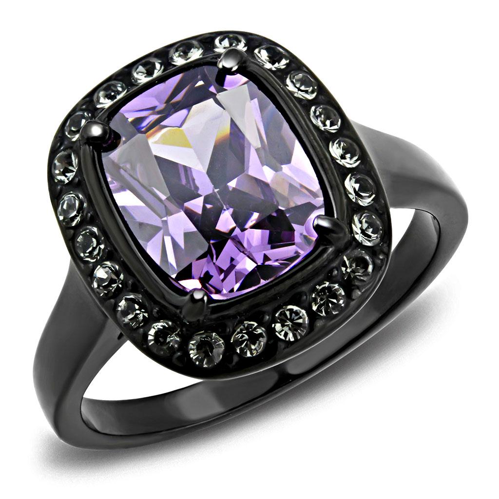 TK3512 IP Black Stainless Steel Ring featuring AAA Grade CZ center stone in amethyst color, showcasing a modern design.