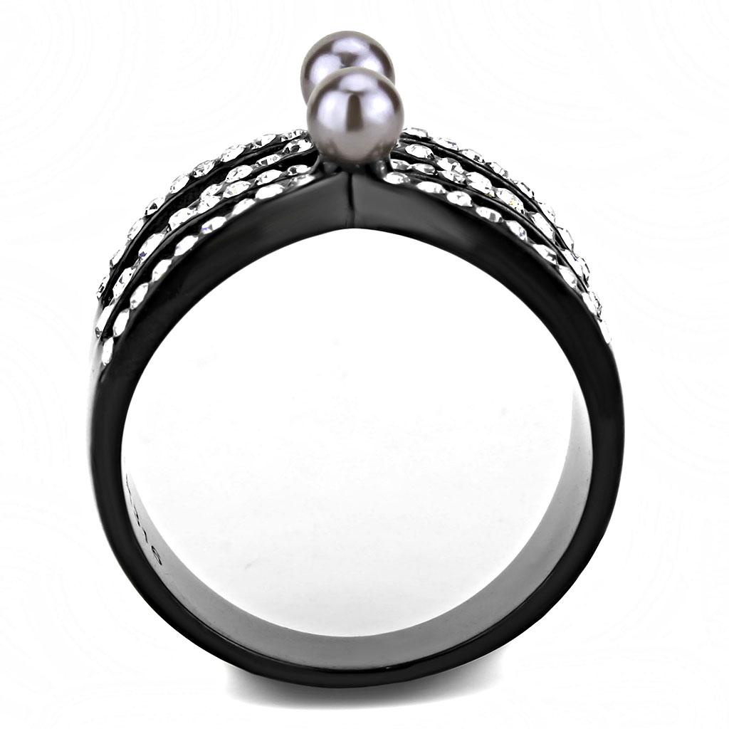 TK3515 IP Light Black Stainless Steel Ring featuring a synthetic gray pearl centerpiece, showcasing a modern and elegant design.