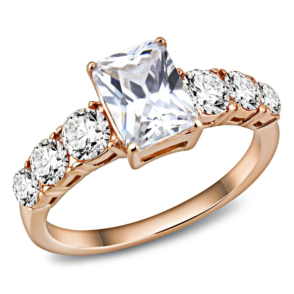 TK3517 IP Rose Gold Stainless Steel Ring featuring a clear AAA Grade CZ stone, showcasing its elegant design and luxurious finish.
