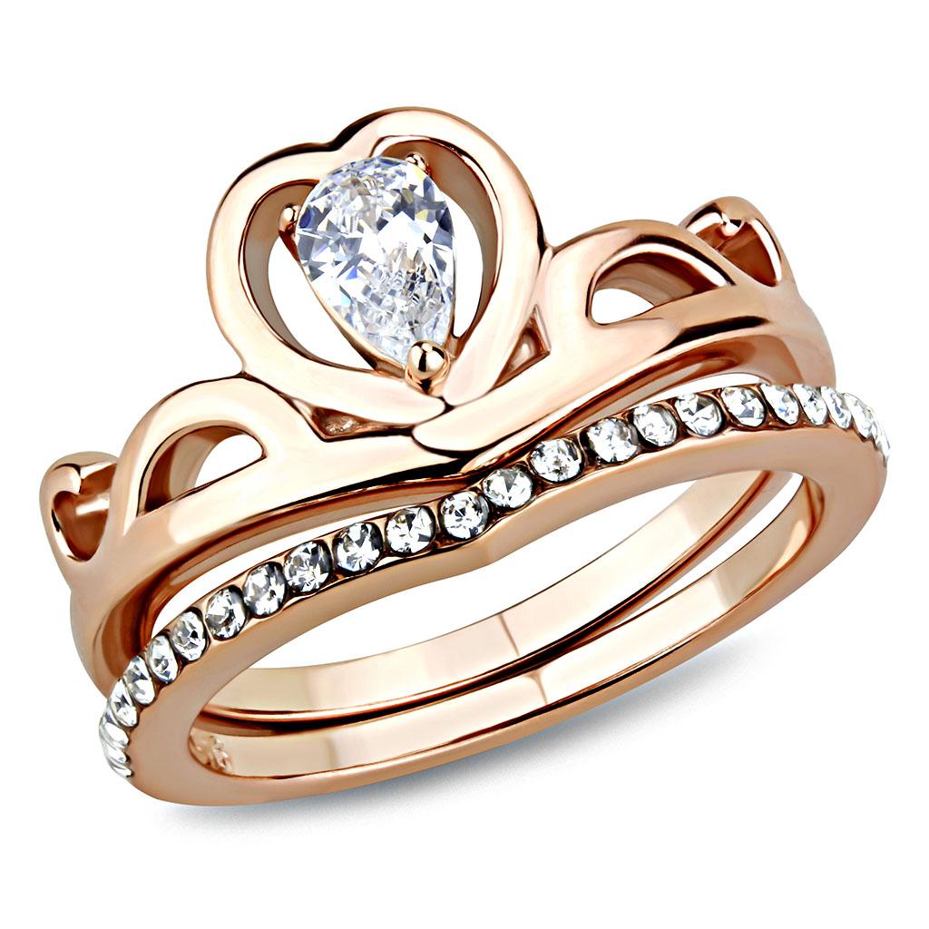 TK3518 IP Rose Gold Stainless Steel Ring featuring AAA Grade clear CZ stone, showcasing its elegant design and luxurious finish.