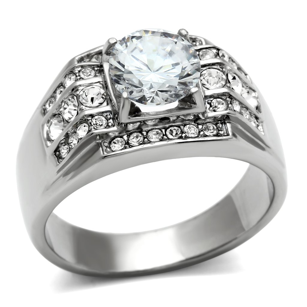 TK352 High Polished Stainless Steel Ring featuring a clear AAA Grade CZ center stone, showcasing its elegant design and shine.