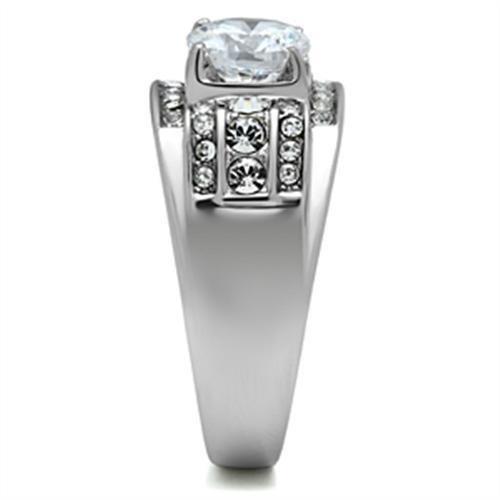 TK352 High Polished Stainless Steel Ring featuring a clear AAA Grade CZ center stone, showcasing its elegant design and shine.