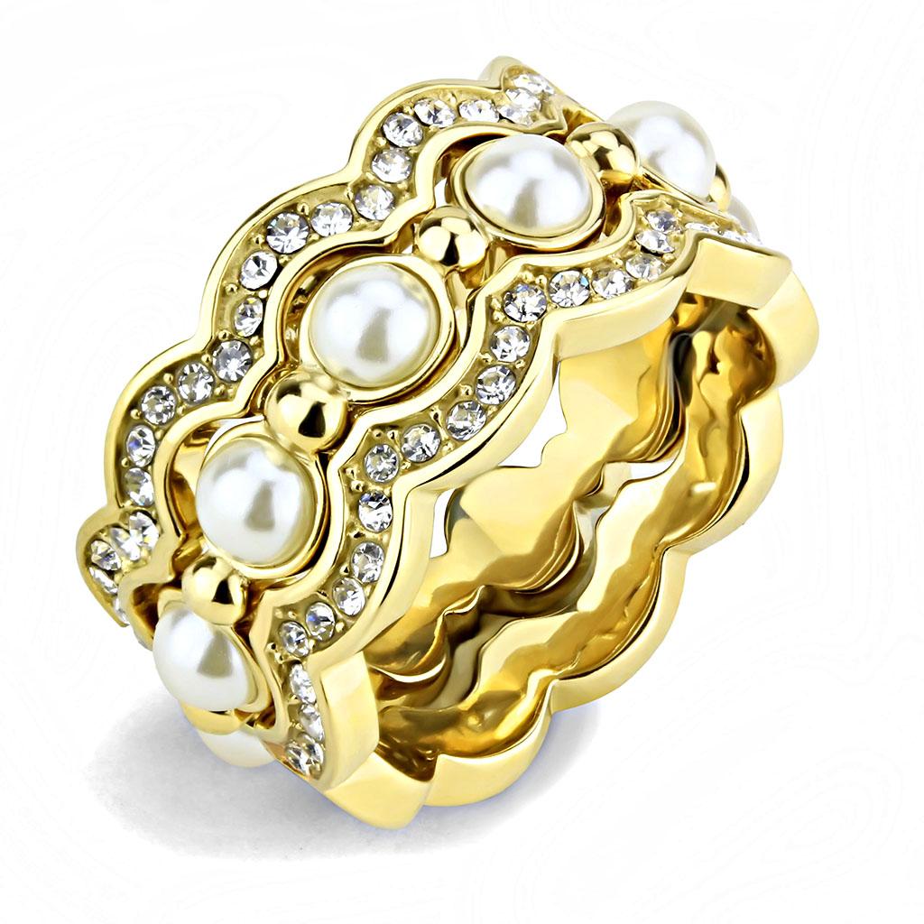 TK3520 IP Gold Stainless Steel Ring featuring a white synthetic pearl, showcasing its elegant design and luxurious finish.