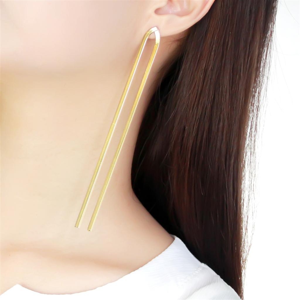 TK3531 IP Gold Stainless Steel Earrings with a sleek, minimalist design, showcasing a shiny gold finish and no stones.