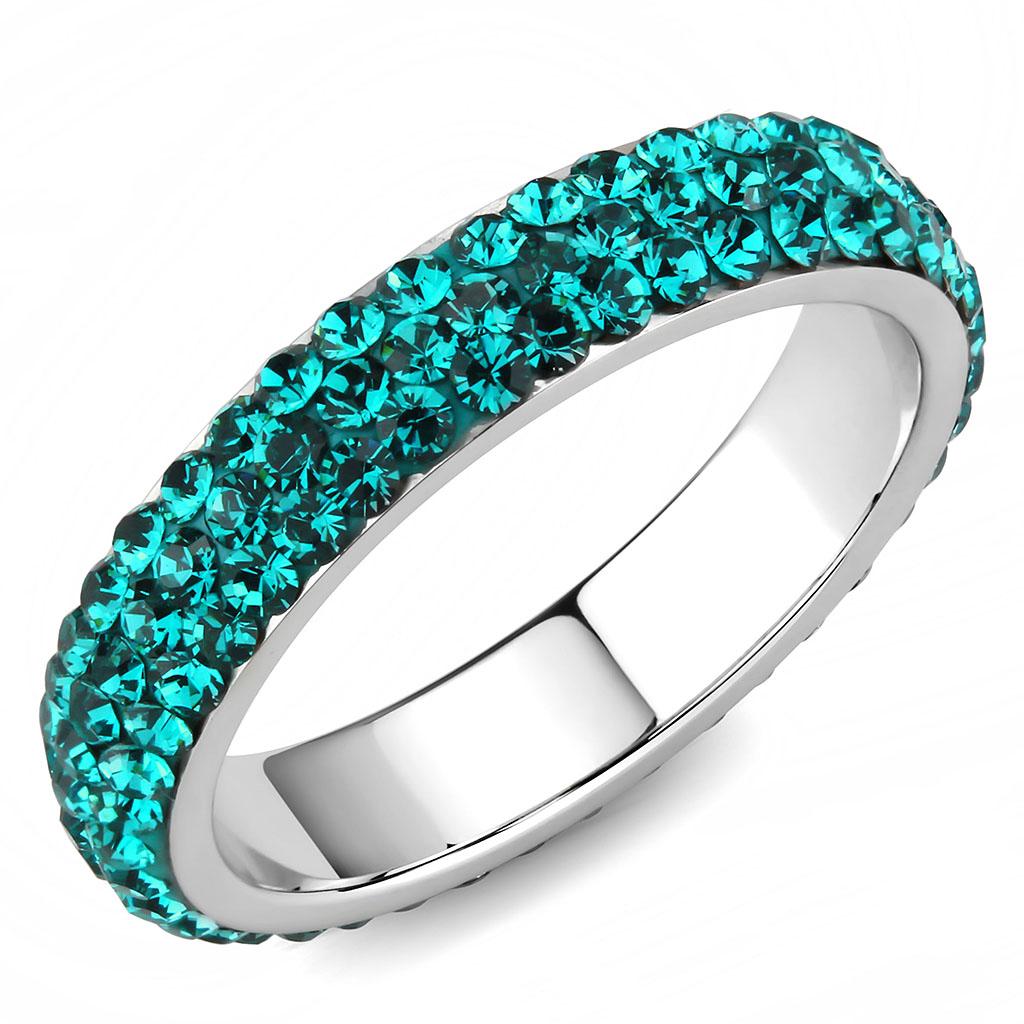 TK3538 High Polished Stainless Steel Ring featuring a vibrant blue zircon crystal, showcasing a sleek and elegant design.