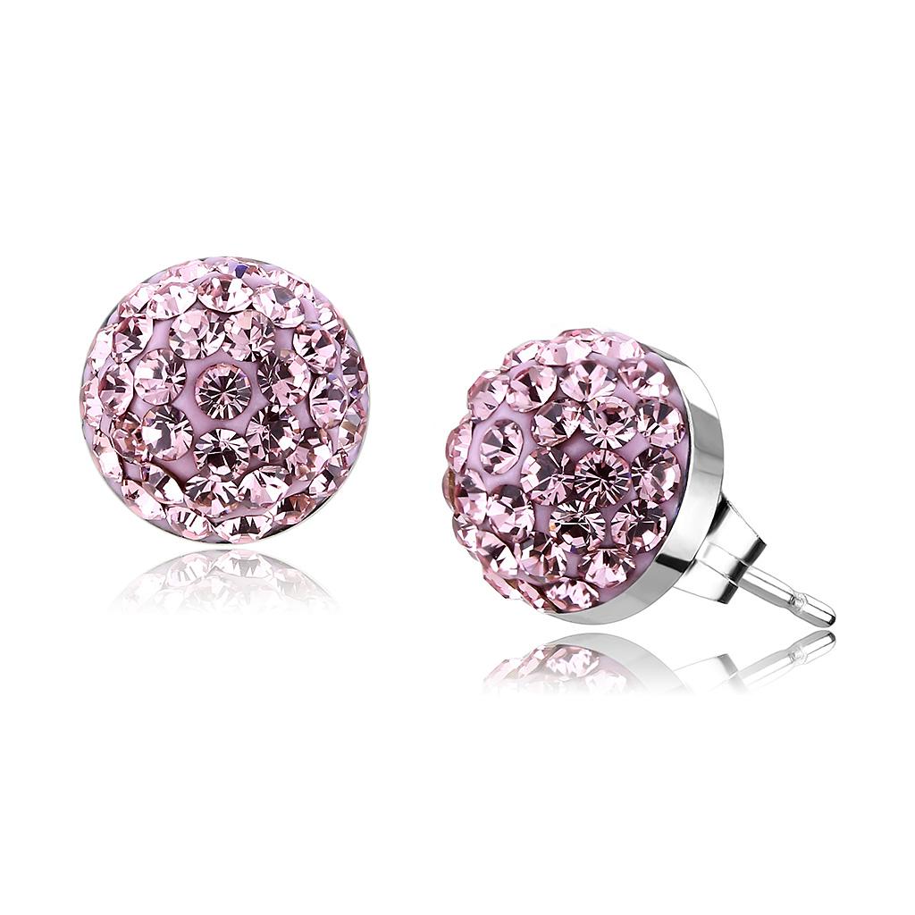 High polished stainless steel earrings featuring a light rose top grade crystal centerpiece, showcasing elegance and durability.