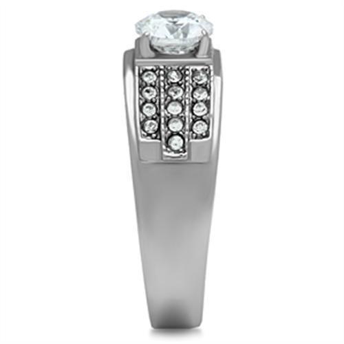 TK354 High Polished Stainless Steel Ring featuring a clear AAA Grade CZ center stone, showcasing its elegant design and shiny finish.
