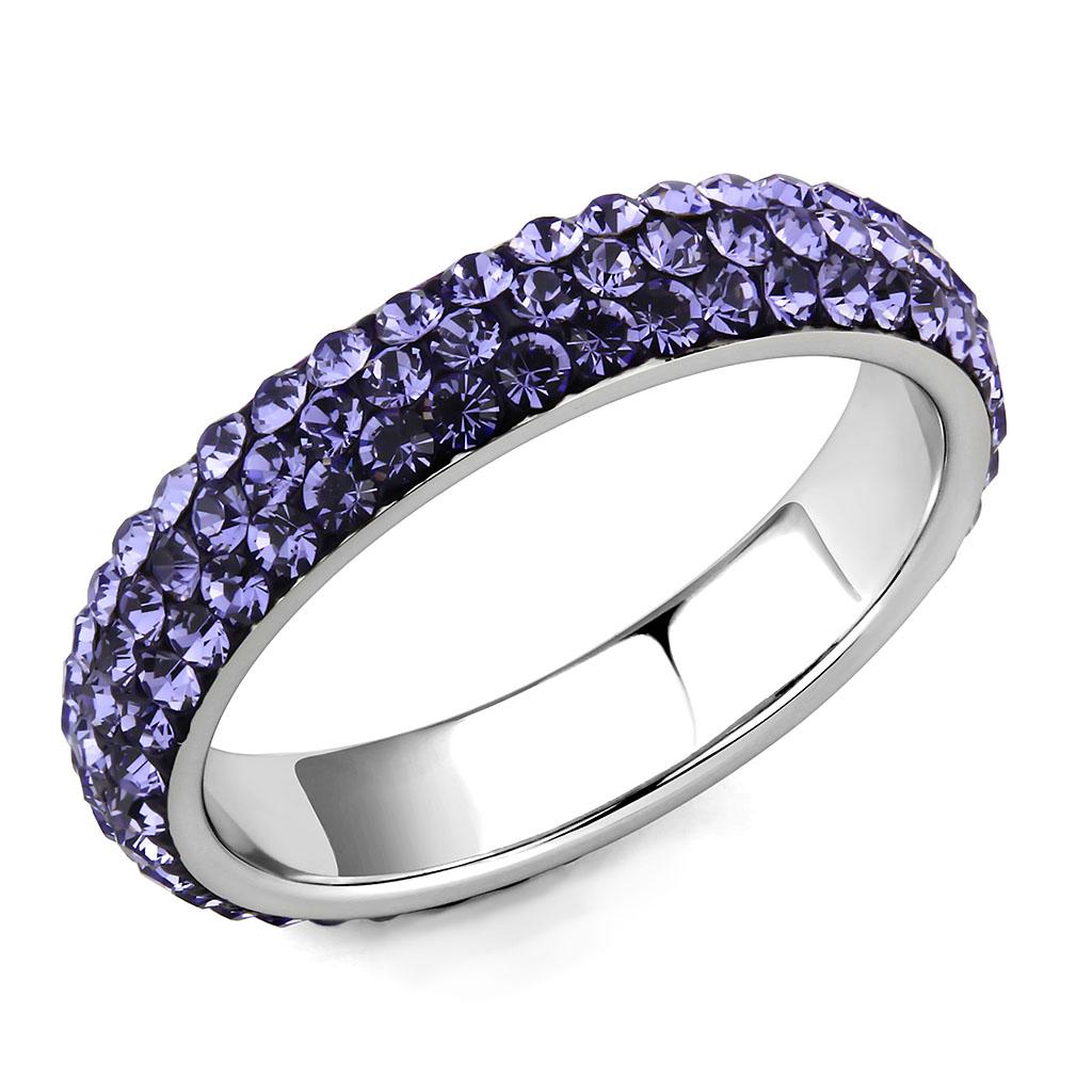 TK3540 High Polished Stainless Steel Ring featuring a tanzanite crystal centerpiece, showcasing its elegant design and high shine.