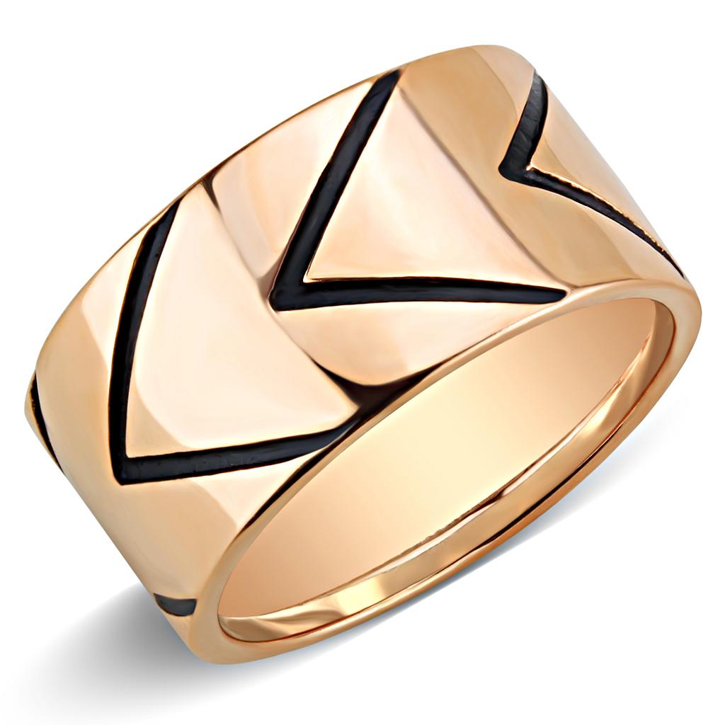 TK3563 IP Rose Gold Stainless Steel Ring featuring a jet epoxy center stone, showcasing a modern and elegant design.