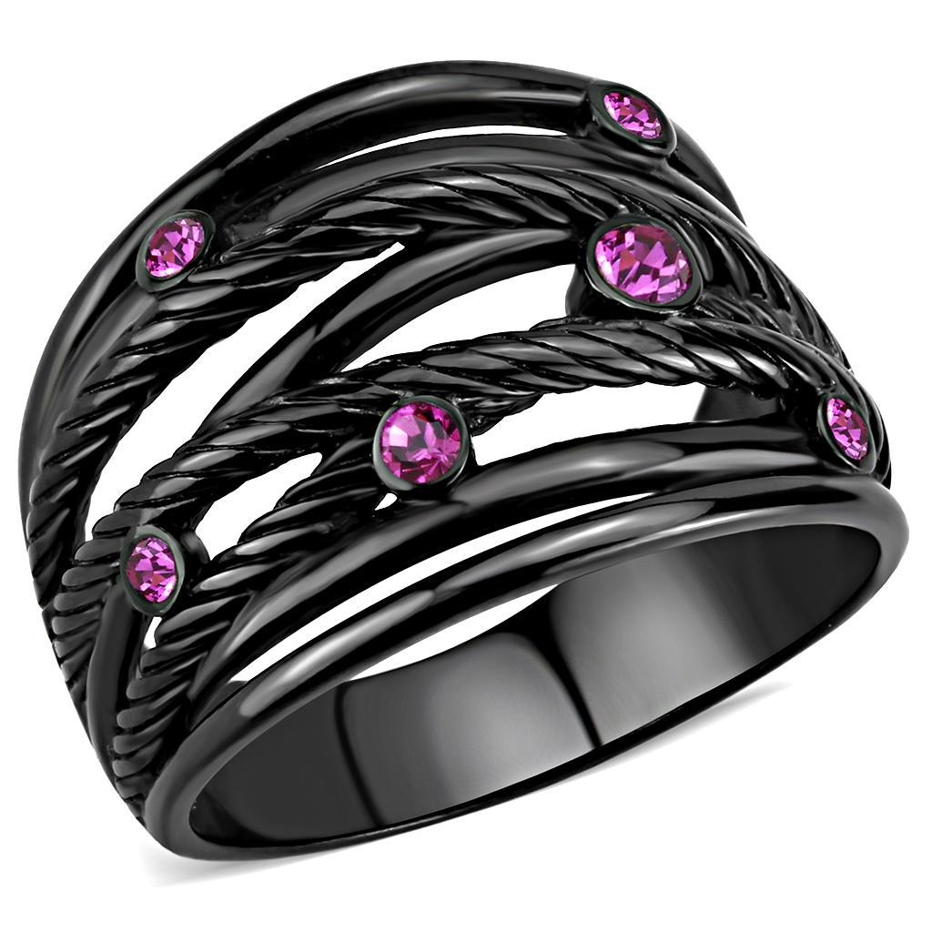 TK3565 IP Black Stainless Steel Ring featuring a vibrant fuchsia top-grade crystal, showcasing a modern and elegant design.