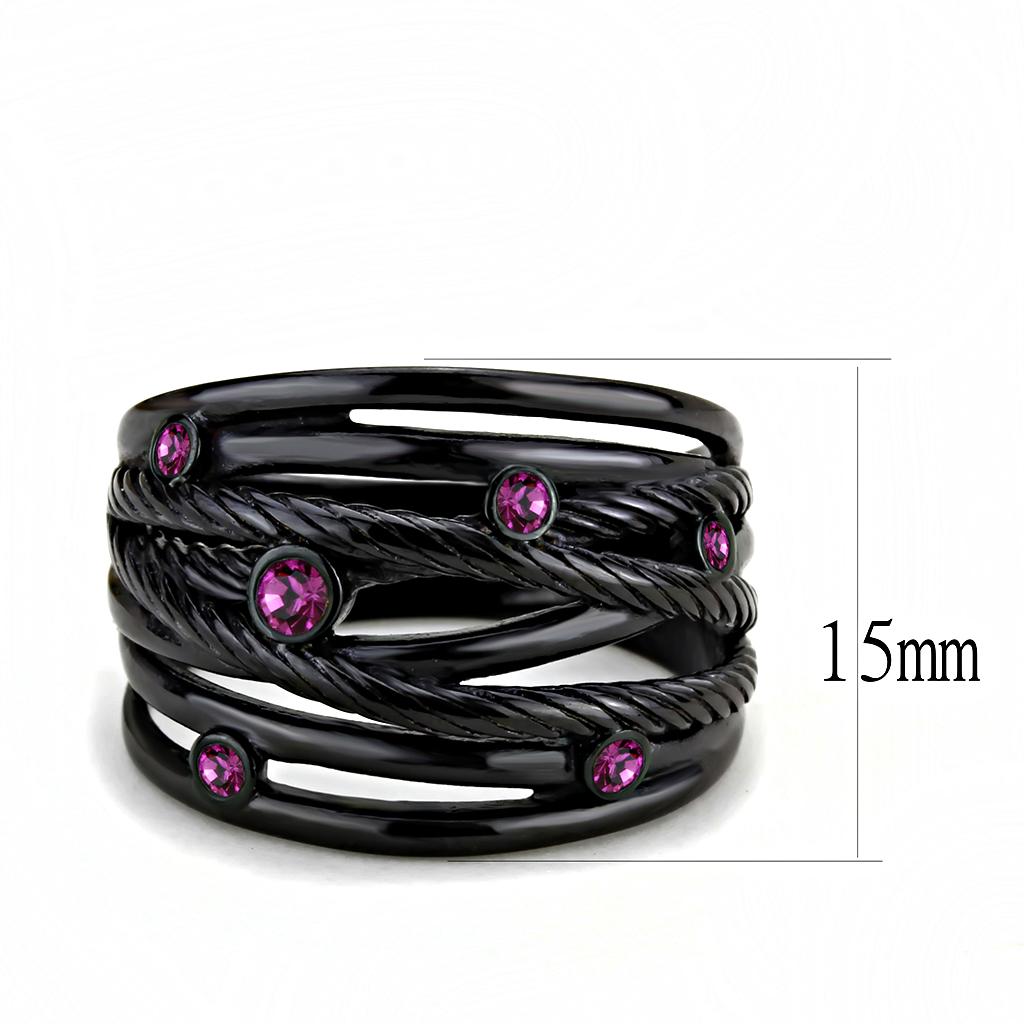 TK3565 IP Black Stainless Steel Ring featuring a vibrant fuchsia top-grade crystal, showcasing a modern and elegant design.
